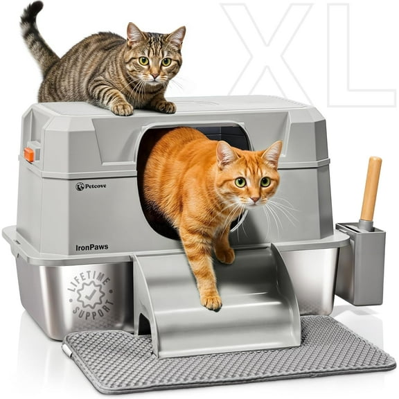 Petcove Stainless Steel Cat Litter Box XL with Lid – 3-in-1 Extra Large Covered Metal Cat Litter Box with High Wall Design & Carbon Filter – Gray
