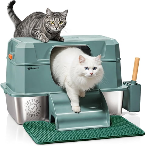 Petcove Stainless Steel Cat Litter Box XL with Lid – 3-in-1 Extra Large Covered Metal Cat Litter Box with High Wall Design & Carbon Filter – Green