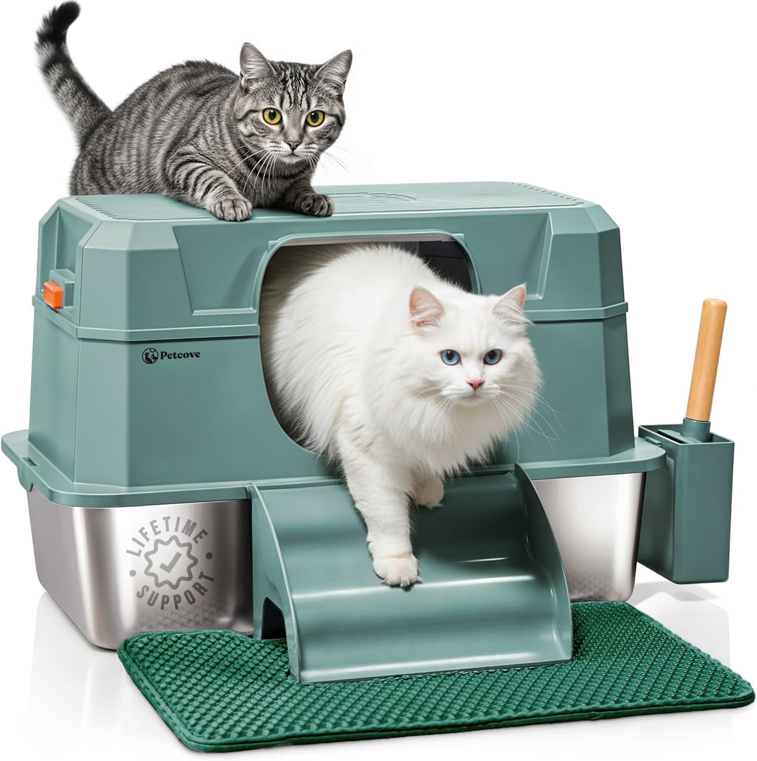 Petcove Stainless Steel Cat Litter Box XL with Lid – 3-in-1 Extra Large Covered Metal Cat Litter Box with High Wall Design & Carbon Filter – Green