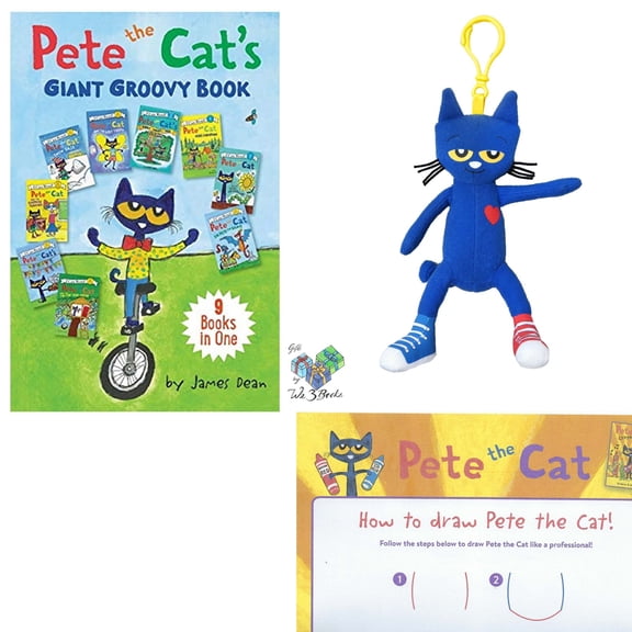 Pete The Cat Book Collection by James Dean (I Can Read), MerryMakers Backpack Pull Plush Doll, and Learn to Draw Page (Educational Gift Set with Action, Humor and Learning to Read)