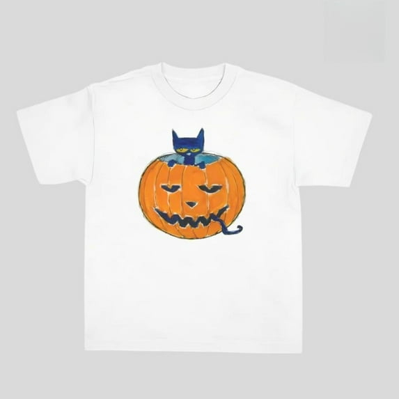 Pete Cat Halloween T-Shirt for Women,Soft Graphic Tee, Y2K Vintage Pumpkin Tops, Cozy Fall Tee Shirt，Causal，cotton，white，S-5XL