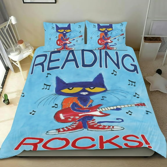 Pete the Cat Themed Bed Sheet Set Three Piece Set 68x86 In ches Comfortable And Skin Friendly Unique Design Creating A Star Studded Night Home Decor Gifts For Family Friends fans