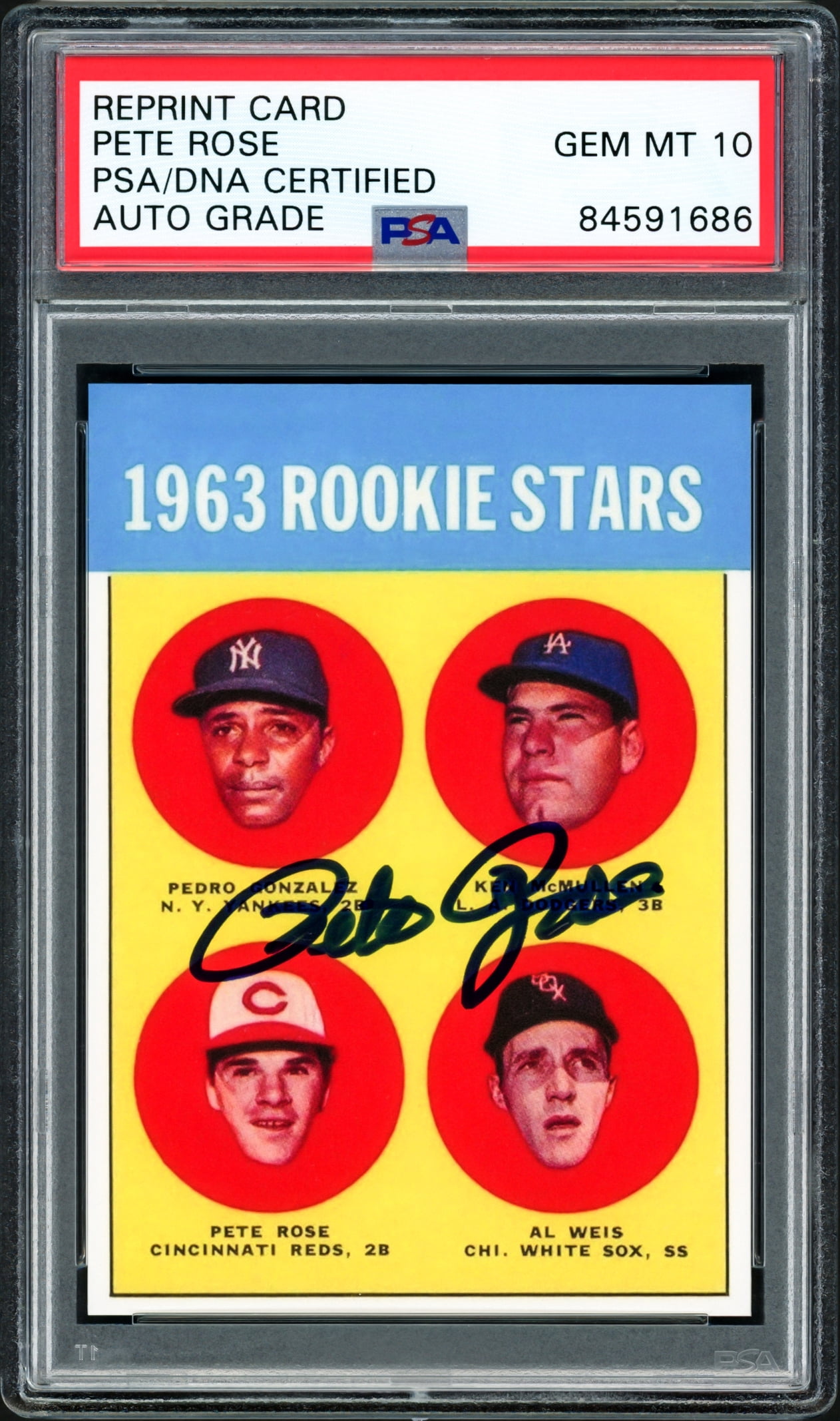 Pete Rose Autographed 1963 Topps Rookie Retro Reprint Card #537 Cincinnati Reds Auto Grade Gem Mint 10 PSA/DNA 203895
