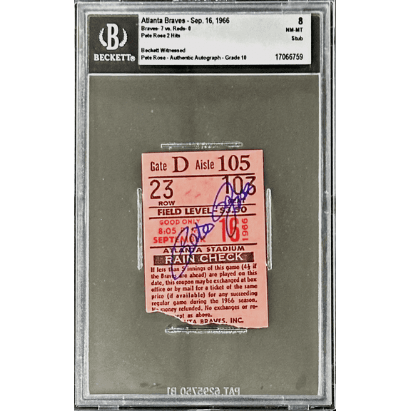 Pete Rose Autographed Signed Sep. 16, 1966 Ticket Stub Beckett 8 NM-MT 2 Hits