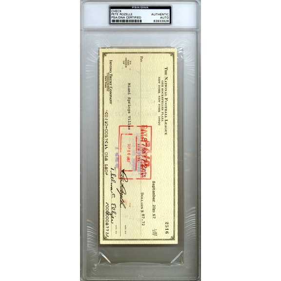 Pete Rozelle Autographed 3.5x8.5 Check NFL Commissioner PSA/DNA #83933928