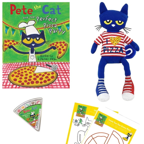 Pete The Cat and The Perfect Pizza Party Gift Set Includes Hardcover by James and Kimberly Dean, Pete The Cat Pizza Party Stuffed Animal Toy, Pizza Game and Activity Pages
