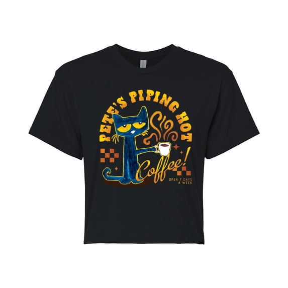 Pete The Cat - Piping Hot Coffee - Juniors Cropped Graphic T-Shirt