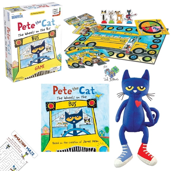 Pete The Cat The Wheels on The Bus Gift Set Includes Hardcover by James and Kimberly Dean, MerryMakers Pete The Cat Plush Toy, Briarpatch Sing-Along Puzzle Board Game for Kids and Activity Page