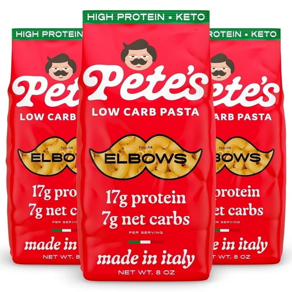 Pete's Pasta Elbow - 7g Low Carb, 17g High Protein - Authentic Italian Keto Wheat Pasta - 3 Pack, 8oz.