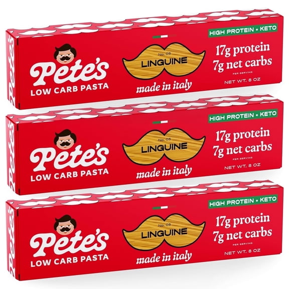 Pete's Pasta Linguine - 7g Low Carb, 17g High Protein - Authentic Italian Keto Wheat Pasta - 3 Pack, 8oz.