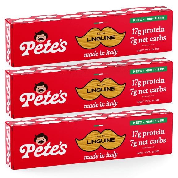 Pete's Pasta Linguine - 7g Low Carb, 17g High Protein - Authentic Italian Keto Wheat Pasta - 3 Pack, 8oz.