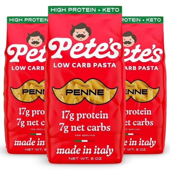 Pete's Pasta Penne - 7g Low Carb, 17g High Protein - Authentic Italian Keto Wheat Pasta - 3 Pack, 8oz.