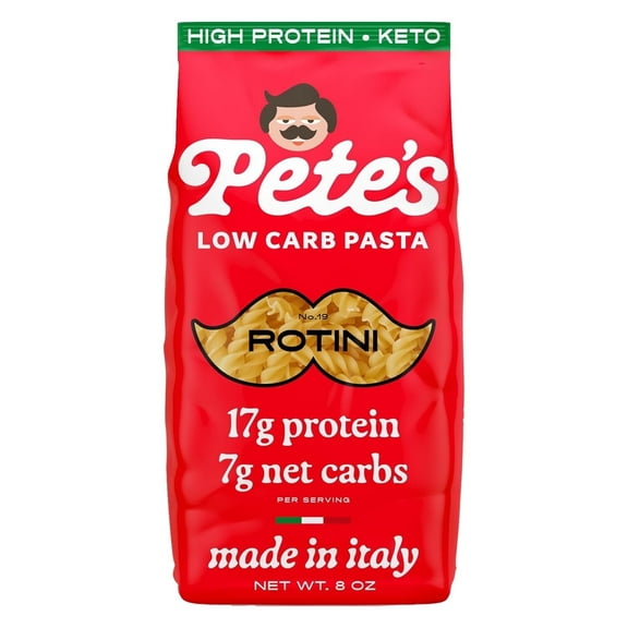 Pete's Pasta Rotini - 7g Low Carb, 17g High Protein - Authentic Italian Keto Wheat Pasta - 1 Pack, 8oz.