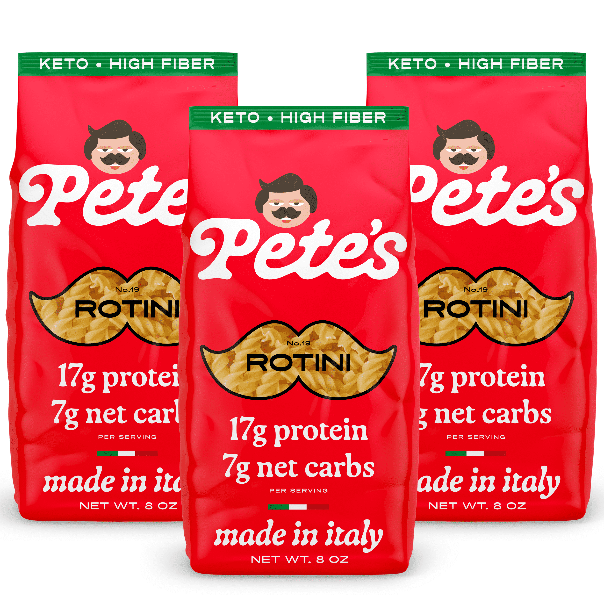 Pete's Pasta Rotini - 7g Low Carb, 17g High Protein - Authentic Italian Keto Wheat Pasta - 3 Pack, 8oz.