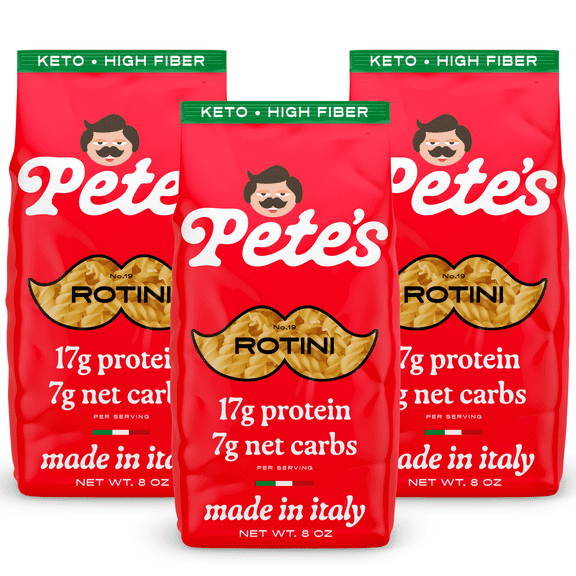 Pete's Pasta Rotini - 7g Low Carb, 17g High Protein - Authentic Italian Keto Wheat Pasta - 3 Pack, 8oz.
