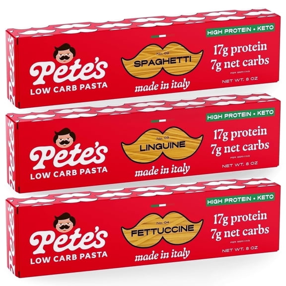 Pete's Pasta Spaghetti Linguine Fettuccine Variety - 7g Low Carb, 17g High Protein - Authentic Italian Keto Wheat Pasta - 3 Pack, 8oz.