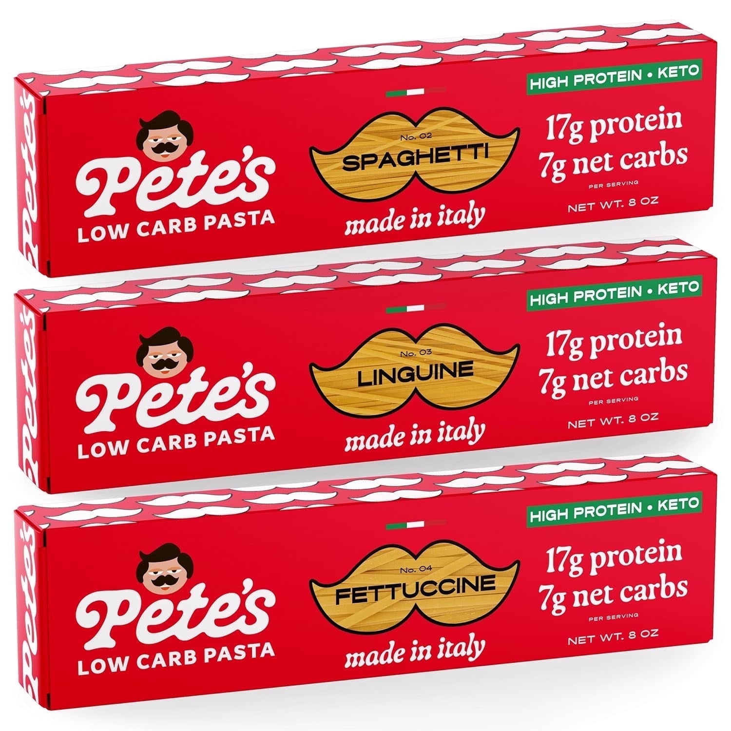 Pete's Pasta Spaghetti Linguine Fettucine Variety - 7g Low Carb, 17g High Protein - Authentic Italian Keto Wheat Pasta - 3 Pack, 8oz.