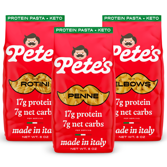 Pete's Pasta Elbow Rotini Penne Variety Pack - 7g Low Carb, 17g High Protein - Authentic Italian Keto Wheat Pasta - 3 Pack, 8oz.