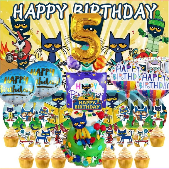 Pete the Cat 5th Tableware Balloons Cake Toppers Backdrop Banner Supplies Party Decor Plates Decorations