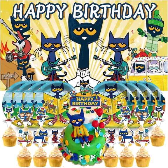Pete the Cat Birthday Party Decor Set - 5x2.3ft Backdrop Banner, Paper Plates, Cake Toppers & Fan Decorations
