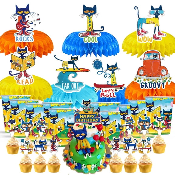 Pete the Cat Party Supplies Decor Cups Fans Decorations Honeycomb Centerpieces Cake Toppers