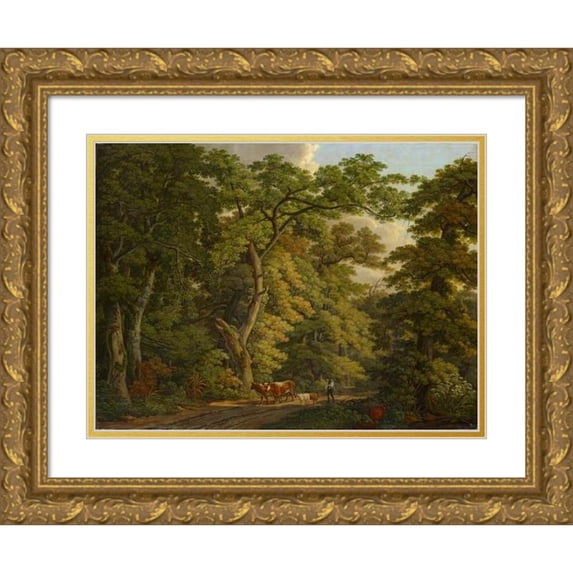 Peter Birmann 24x19 Gold Ornate Framed and Double Matted Museum Art Print Titled - Farmer with Cattle in the Hard Near Basel (1813)