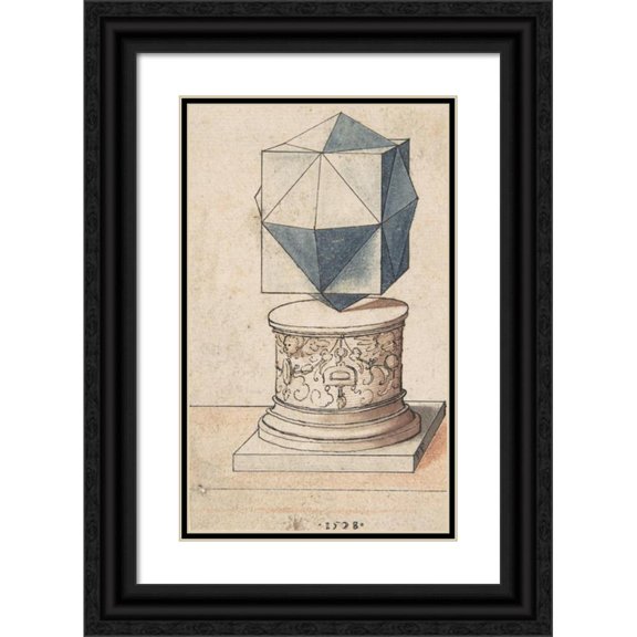 Peter Flötner 16x24 Black Ornate Framed Double Matted Museum Art Print Titled: Perspectival Drawing of a Column Base with Geometrical Form (1528)