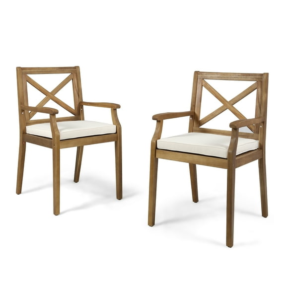 Peter Outdoor Acacia Wood Dining Chair, Set of 2, Teak with Cream Cushions