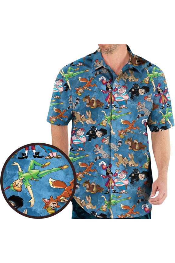 Peter Pan Button Shirt, Disney Hawaiian Shirt, Wendy Captain Hook Mr Smee Tick Tock Tinker Bell Nana Shirt, Neverland Summer Shirts
