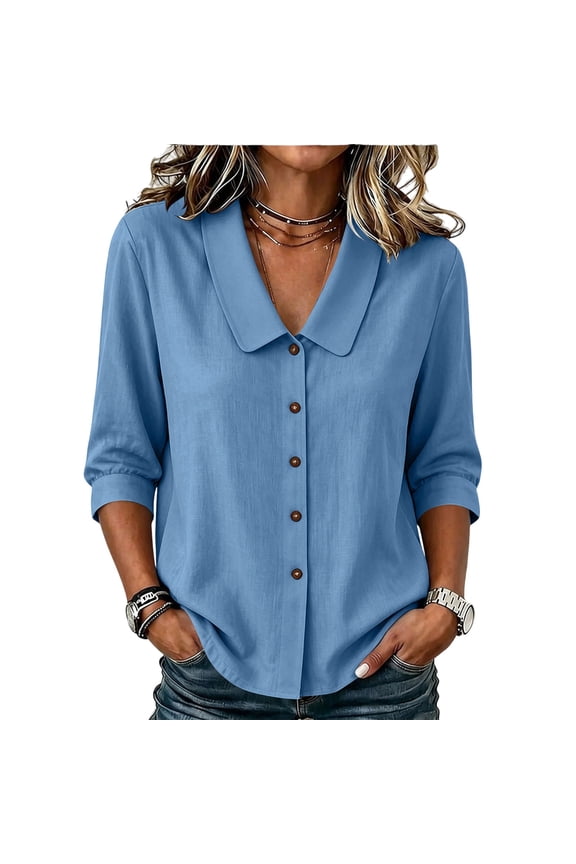 Peter Pan Collar Blouse For Women, 3/4 Sleeve Textured Linen Shirt, Solid Color Cottagecore Work Top, Trendy Womens Summer Tops Light Blue L