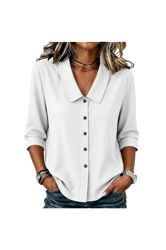 Peter Pan Collar Blouse For Women, 3/4 Sleeve Textured Linen Shirt, Solid Color Cottagecore Work Top, Trendy Womens Summer Tops White L