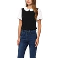thumbnail image 1 of Peter Pan Collar Blouse for Women's Contrast Puff Short Sleeve Summer Top XS Black, 1 of 6