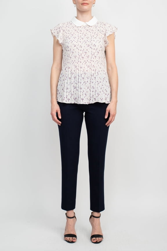 Peter Pan Collar Flutter Sleeve Pleated Printed Woven Georgette Top-BLUSH MULTI / L