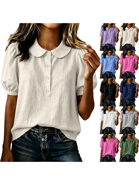 Peter Pan Collar Shirt Women Cotton Linen Puff Short Sleeve Cute Peter Pan Collar Blouse Button Up Peasant Dressy Casual Summer Tops Preppy Clothes Linen Tops