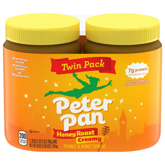 Peter Pan Creamy Honey Roasted Peanut Butter Spread, Smooth, Gluten-Free, 28 oz Jar (Pack of 2)