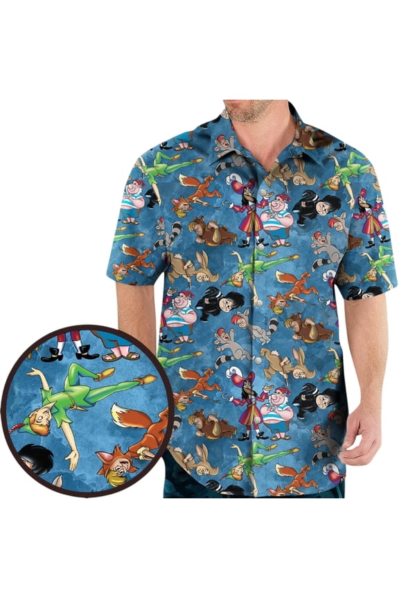 Peter Pan Button Shirt, Disney Hawaiian Shirt, Wendy Captain Hook Mr Smee Tick Tock Tinker Bell Nana Shirt, Neverland Summer Shirts