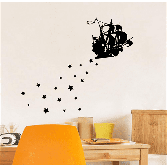 Peter Pan The Jolly Roger Captain Hook Pirate Ship Silhouette Vinyl Wall Art Sticker Wall Decal Decoration For Home Room Wall Boys Girls Room Playroom Wall Décor Décor Design Size (14x20 inch)