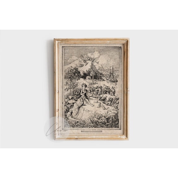Peter Pan Neverland Vintage Illustration Print, Classic Book Scene Wall Art, Fairy Tale Black And White Storybook Decor, Book Map Prints Home Decor #75, Unframed Poster Size 16x24