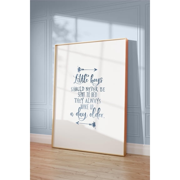 Peter Pan Nursery Quote Print, Little Boys Should Never Be Sent To Bed Quote, Blue,Gray Wall Art, Baby Boy Nursery Home Decor UNFRAMED Poster, Wall Art for Decor, Present, 8x12