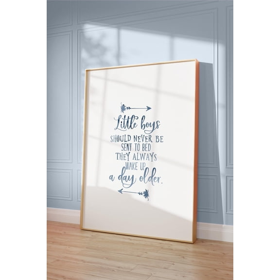 Peter Pan Nursery Quote Print Little Boys Should Never Be Sent To Bed Quote BlueGray Wall Art Baby Boy Nursery Home Decor Poster Wall Art for Decor Present