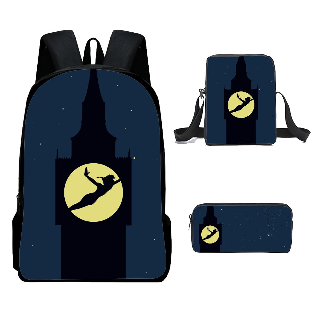 Peter Pan School Bag Cute Classics Animation Paint Travel Bag with Crossbody Bag 3PCS for Young People for School Sports and Travel