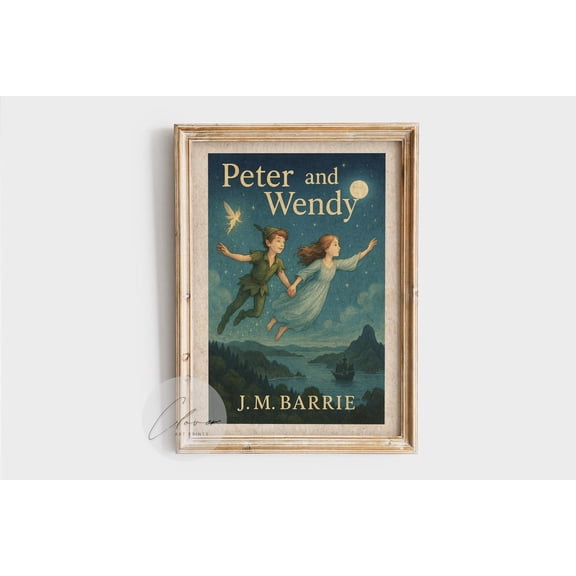 Peter Pan Wall Art Print, Vintage Peter And Wendy Book Cover, J.M. Barrie Classic Literature Nursery Fairy Tale Decor, Reader Home Decor #245, Unframed Canvas Size 12x18