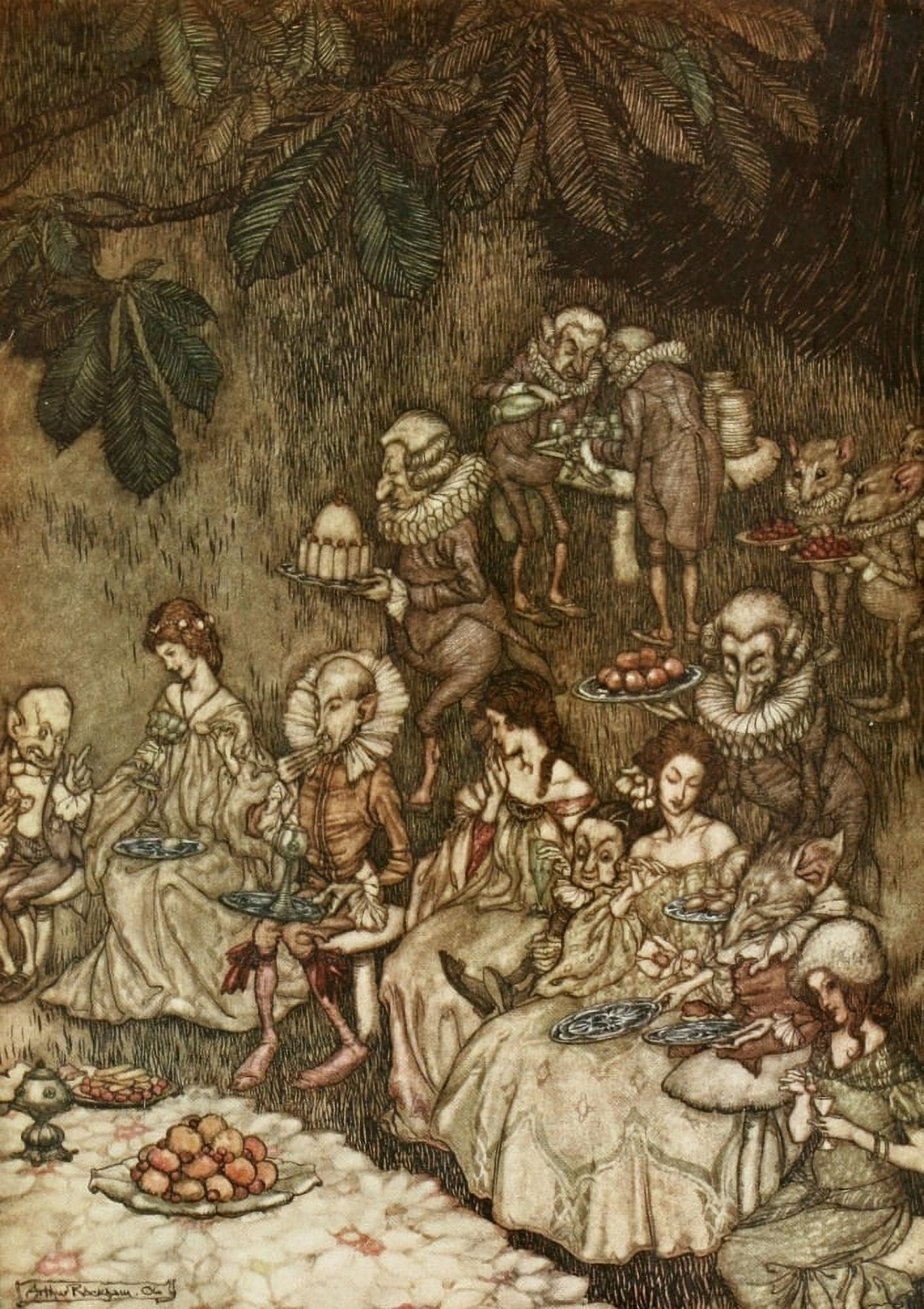 Peter Pan in Kensington 1912 Fairies on mushrooms Canvas Art - A Rackham (18 x 24)