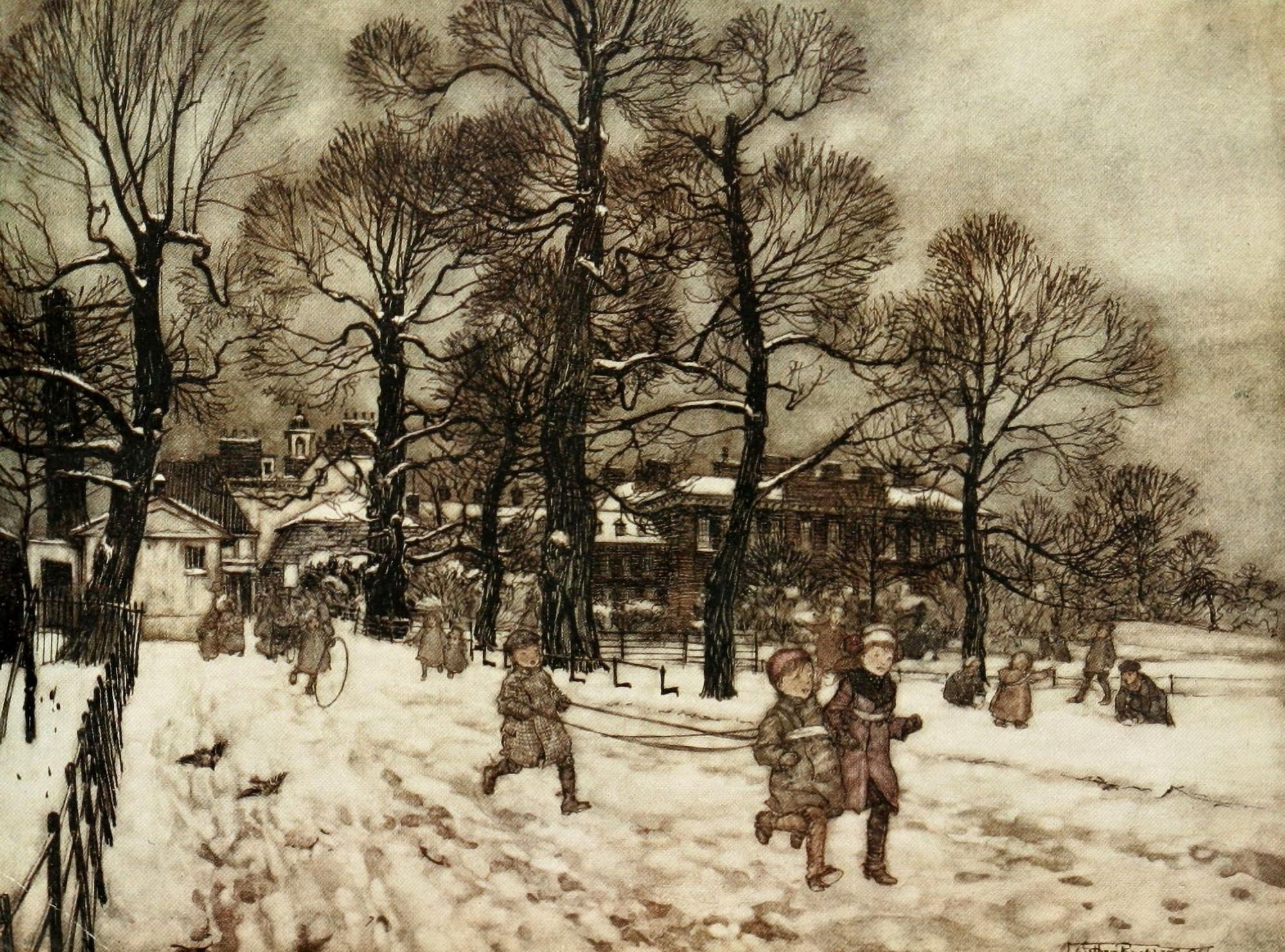 Peter Pan in Kensington 1912 Gardens white with snow Canvas Art - A Rackham (18 x 24)