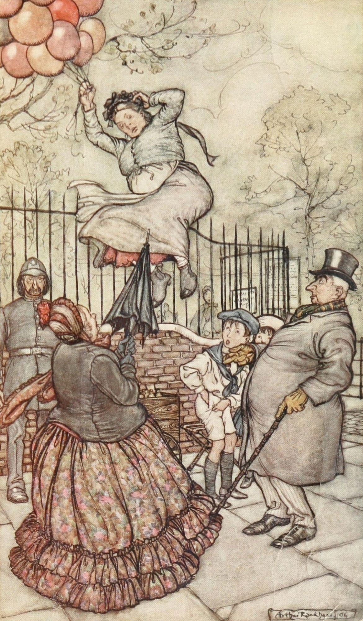Peter Pan in Kensington 1912 Lady with balloons Canvas Art - A Rackham (18 x 24)