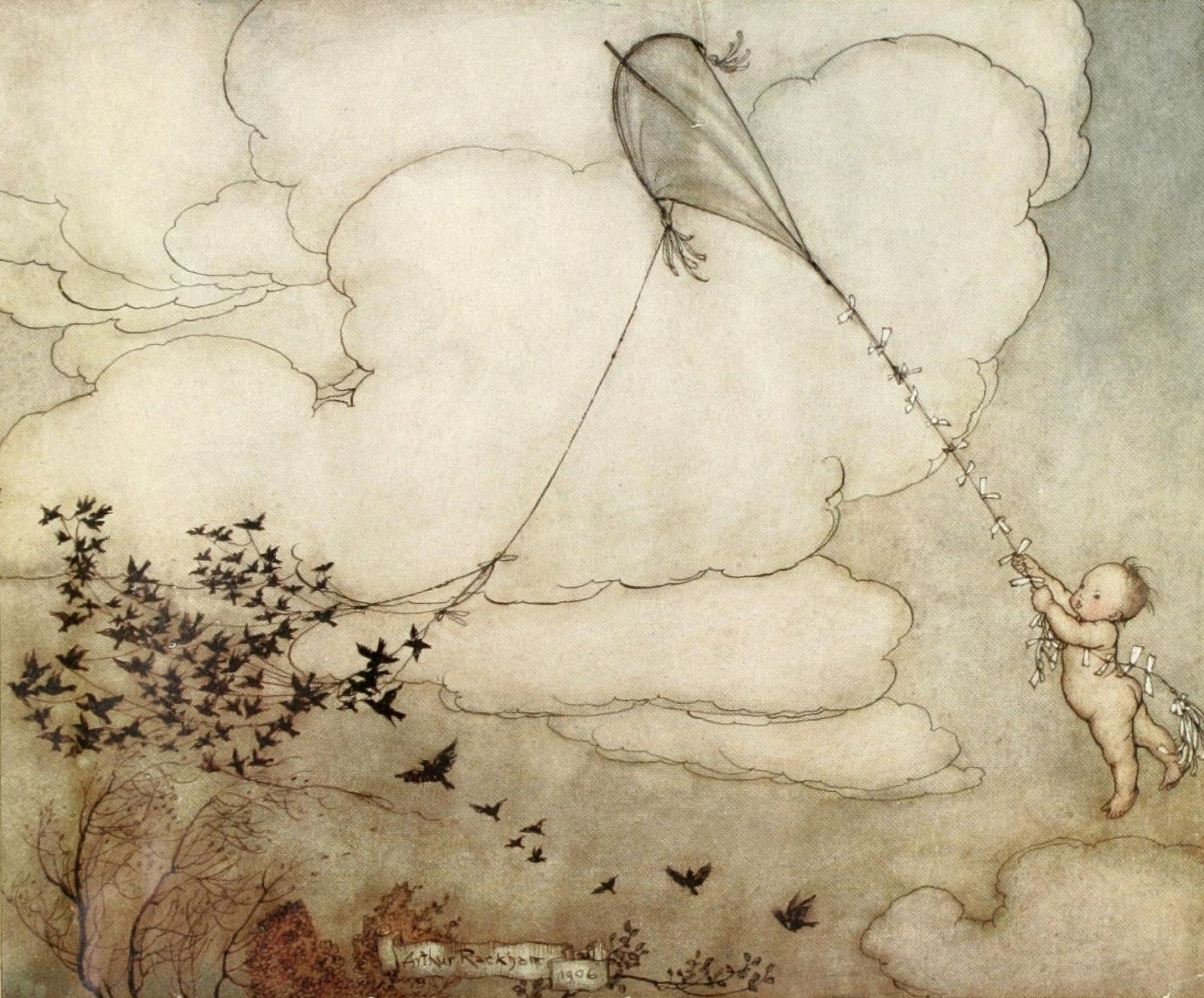 Peter Pan in Kensington 1912 Pete clung to kite tail Canvas Art - A Rackham (18 x 24)