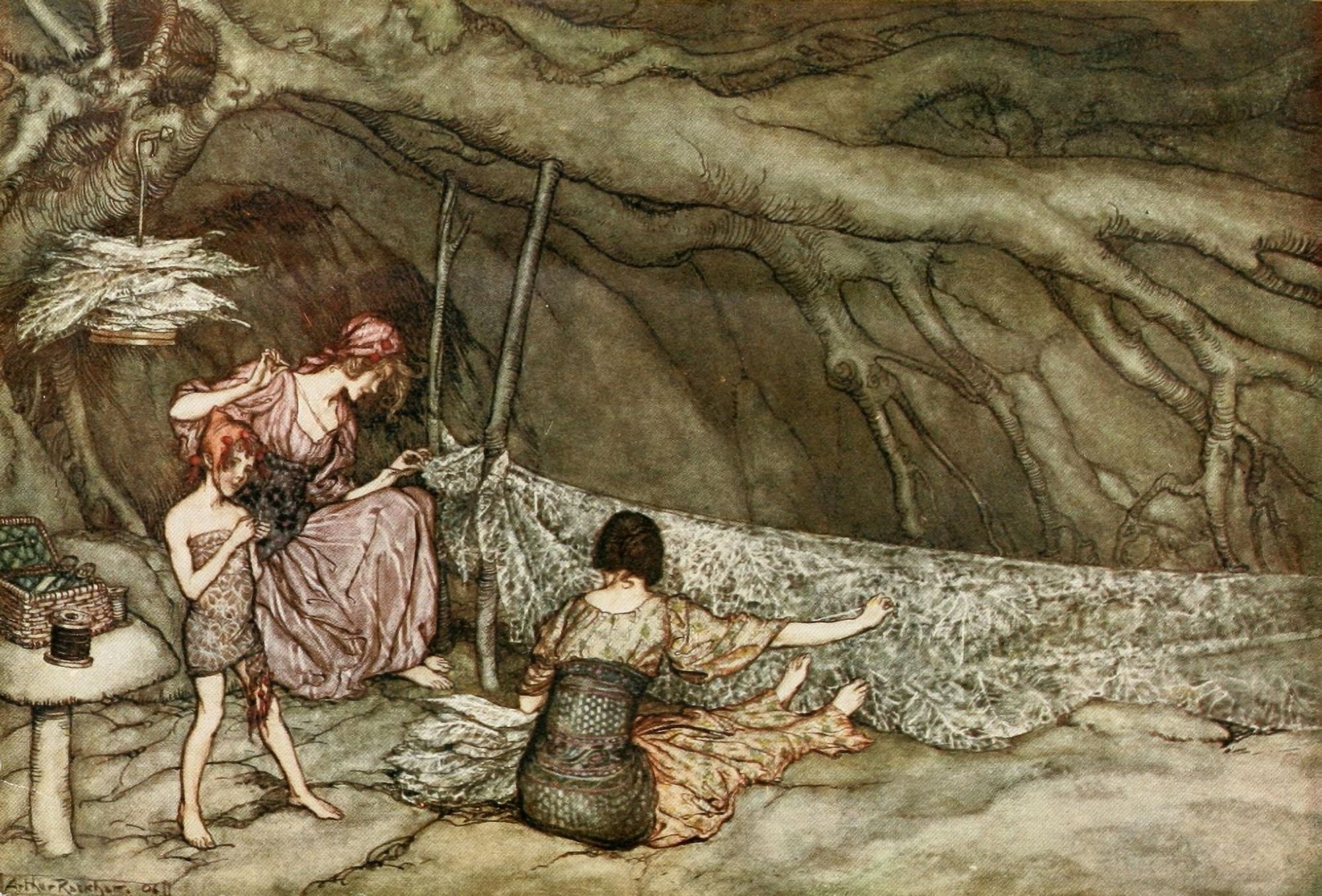 Peter Pan in Kensington 1912 Weaving summer curtains Canvas Art - A Rackham (24 x 36)