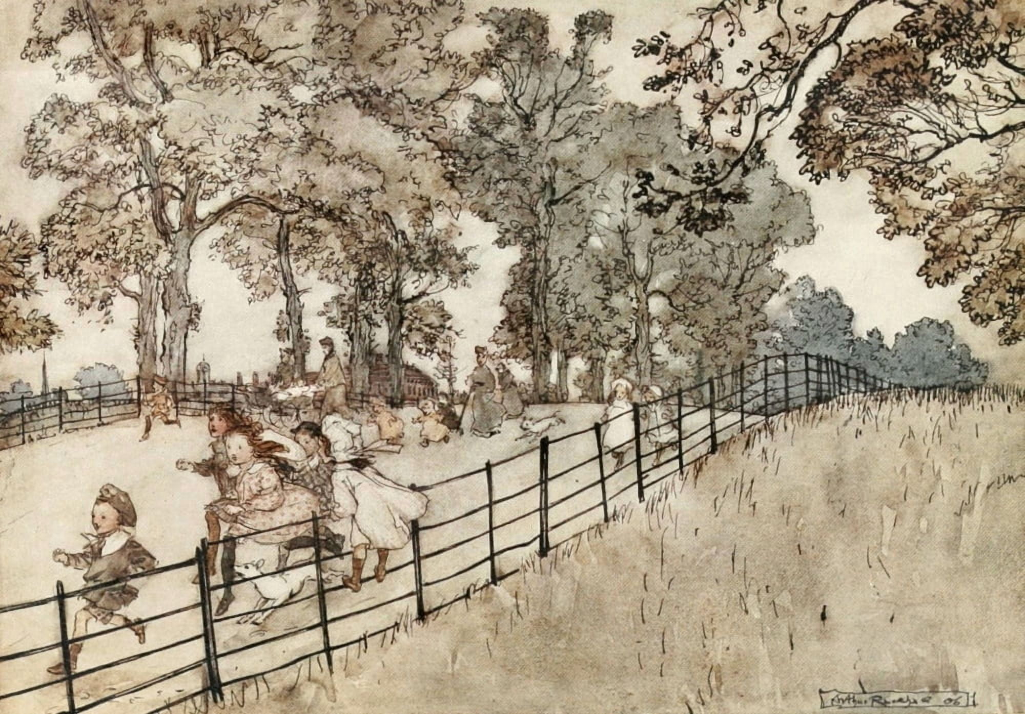 Peter Pan in Kensington 1912 Where races are run Canvas Art - A Rackham (24 x 36)