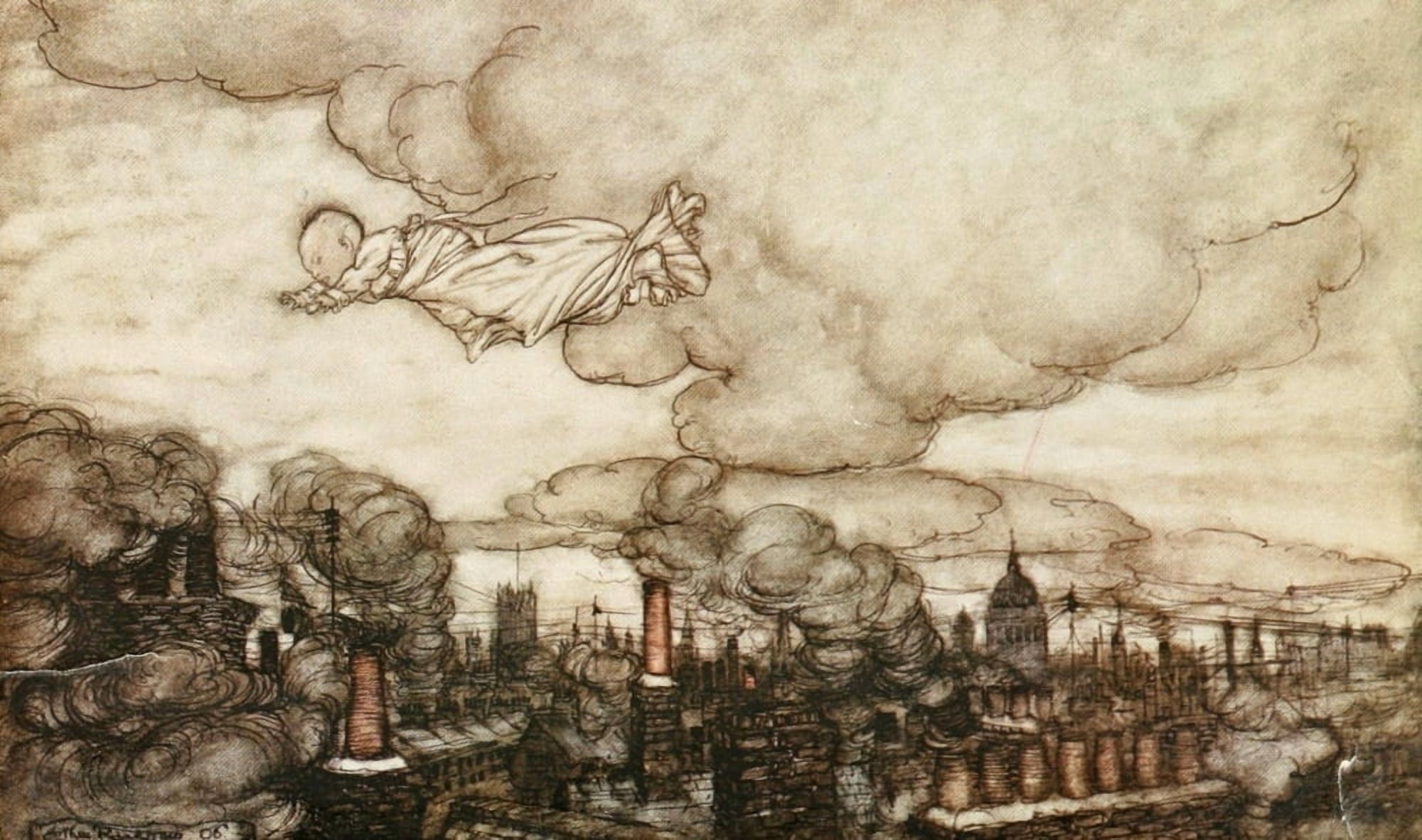 Peter Pan in Kensington Gardens 1912 Away he flew Canvas Art - Arthur Rackham (24 x 36)