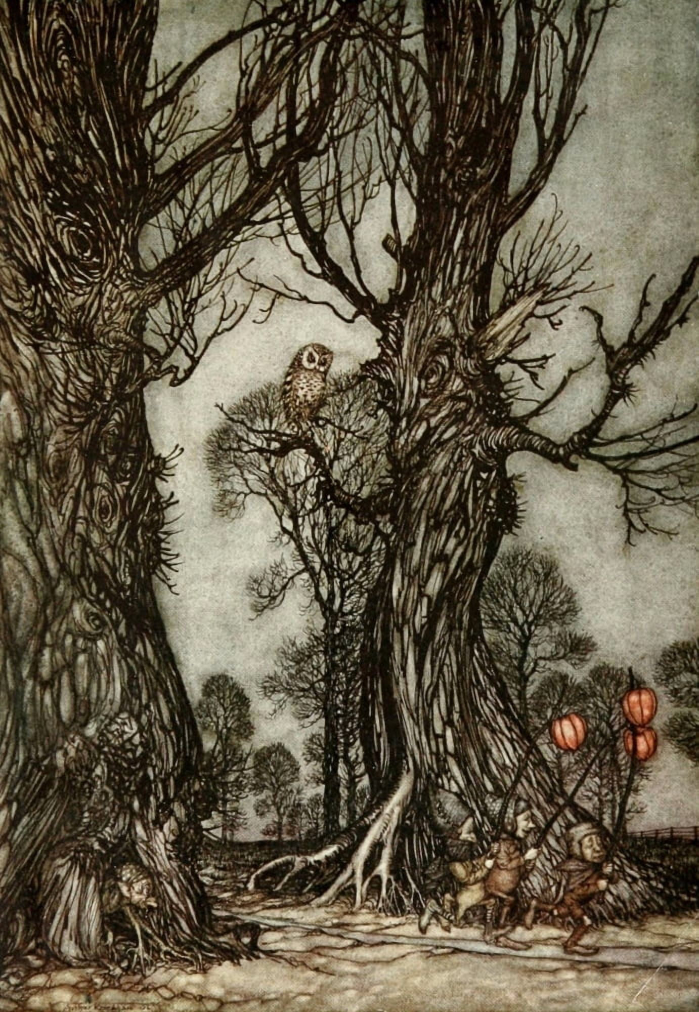 Peter Pan in Kensington Gardens 1912 Linkmen carrying winter cherries Canvas Art - Arthur Rackham (24 x 36)
